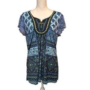 ONE WORLD women’s Blue‎ Green Patterned Short Sleeve Blouse size XL lace sleeve